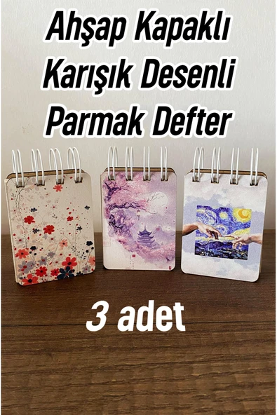 kutuTR Mini Parmak Defter Ahşap Kapaklı Spralli Mini Not Defteri 3 Adet ürün görseli 1