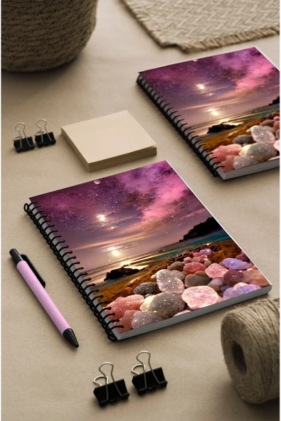 kutuTR Düşler sahili Desenli Ahşap Mdf Kapaklı 100 Yaprak Çizgili 14x21 Vip Modelist  Defter 80gr/m2 Ç512 ürün görseli 1