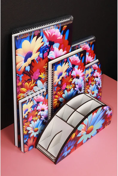 kutuTR Çiçek Desen Organizer ve Ahşap Mdf Kapaklı 5'li Defter Seti  (3 Bloknot 2 Modelist Defter) ürün görseli 1