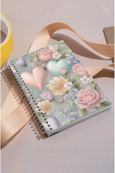 kutuTR Kalp ve Gül Desenli Ahşap Mdf Kapaklı 100 Yaprak Kareli 14x21 Vip Modelist  Defter 80gr/m2 K505 ürün görseli 1