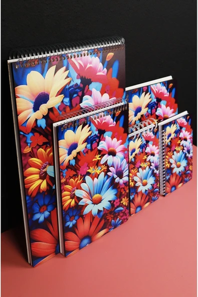 kutuTR Çiçek Desen Ahşap Mdf Kapaklı 5'li Defter Seti 06 (3 Bloknot 2 Modelist Defter) Çizgili ürün görseli 1