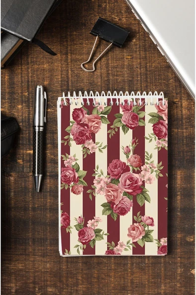 kutuTR Buket Çiçek Desenli Ahşap Mdf Kapaklı 80 Yaprak Çizgili 14x21 Vip Bloknot 70 gr m2 Ç-OB17 ürün görseli 1
