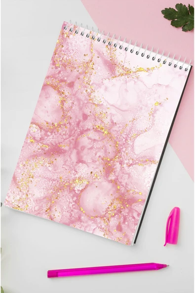 kutuTR Pembe Mermer Desenli Ahşap Mdf Kapaklı 80 Yaprak Çizgili 14x21 Vip Bloknot 70gr/m2 Ç-OB15 ürün görseli 1