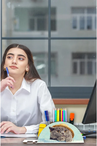 Notpa Ahşap Şapkalı Kedi Gökkuşağı Cetvelli Masaüstü Kalemlik Kutu Çocuklar Için Organizer Gk124 ürün görseli 1