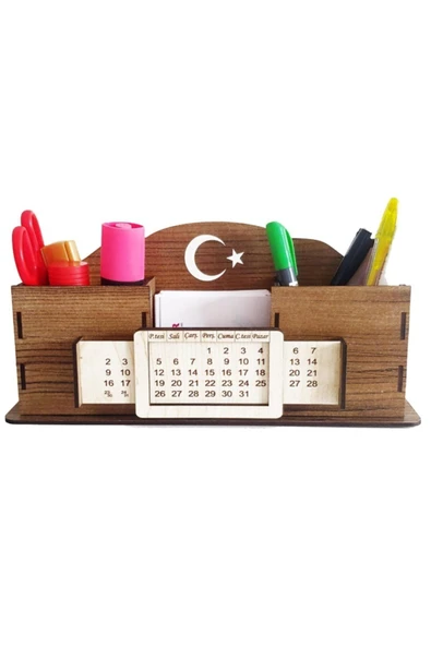 Notpa Takvimli Masaüstü Kalemlik Kalem Kutusu Organizer Ahşap Akasya Montajı Yapılmış Ürün ürün görseli 1