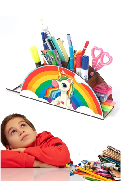 Notpa Ahşap Düşünen Unicorn Gökkuşağı Cetvelli Masaüstü Kalemlik Kutu Çocuklar Için Organizer Gk105 ürün görseli 1