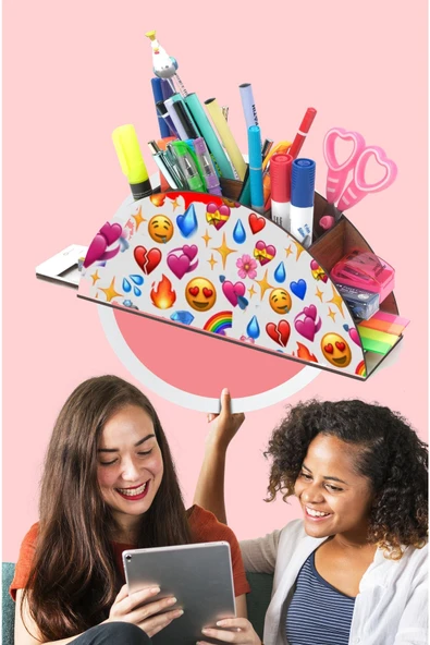 Notpa Ahşap Renkli Emoji Gökkuşağı Cetvelli Masaüstü Kalemlik Kutu Çocuklar Için Organizer Gk84 ürün görseli 1
