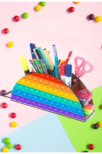 Notpa Ahşap Popit Gökkuşağı Cetvelli Masaüstü Kalemlik Kutu Çocuklar Için Organizer Gk70 ürün görseli 1