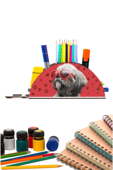 Notpa Ahşap Gözlüklü Köpek Gökkuşağı Cetvelli Masaüstü Kalemlik Kutu Çocuklar Için Organizer Gk132 ürün görseli 1