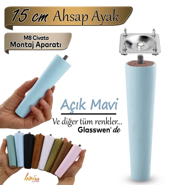 Ahşap Ayak 15 Cm Açık Mavi M8 Civatalı Bağlantı Aparatlı Dolap Mobilya Koltuk Kanepe Destek Ayağı Ayakları ürün görseli 1