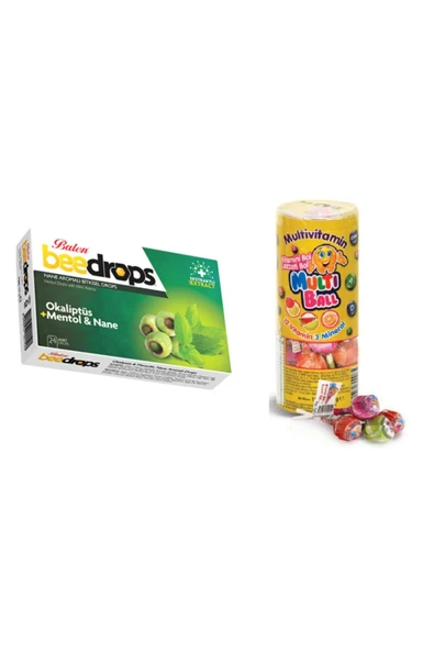 Multıball 15 Li Dokme Lolipop Vitamin Ve Mineralli+bee Drops Pastil Okaliptüs Mentol & Nane 24 Adet ürün görseli 1