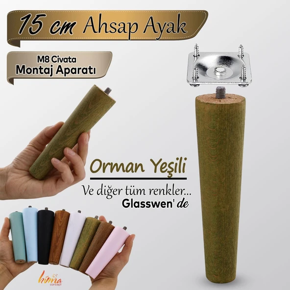 Ahşap Ayak 15 Cm Orman Yeşili M8 Civatalı Bağlantı Aparatlı Dolap Mobilya Koltuk Kanepe Destek Ayağı Ayakları ürün görseli 1