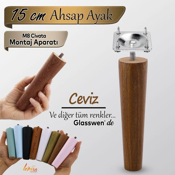 Ahşap Ayak 15 Cm Ceviz M8 Civatalı Bağlantı Aparatlı Dolap Mobilya Koltuk Kanepe Destek Ayağı Ayakları ürün görseli 1