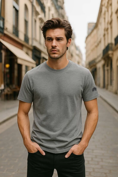 Erkek Bisiklet Yaka Basic Düz Kısa T-shirt - Resim 5