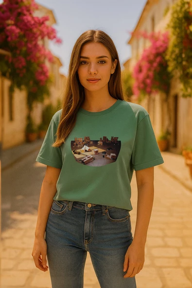 Kadın Bisiklet Yaka %100 Pamuk Blok Baskılı Kısa Kollu T-Shirt ürün görseli 1