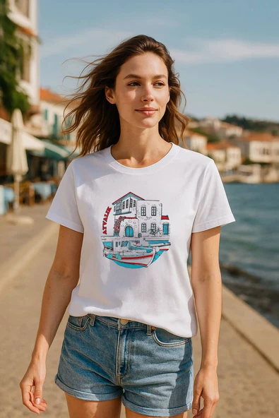 Kadın Bisiklet Yaka %100 Pamuk Ayvalık Baskılı Kısa Kollu T-Shirt ürün görseli 1