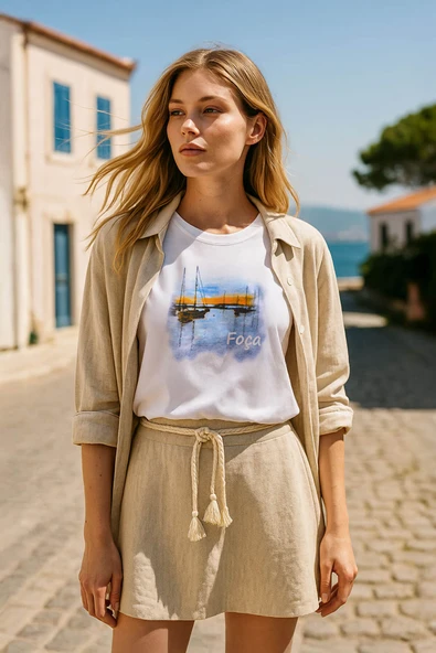 Kadın Bisiklet Yaka %100 Pamuk Foça Baskılı Kısa Kollu T-Shirt ürün görseli 1