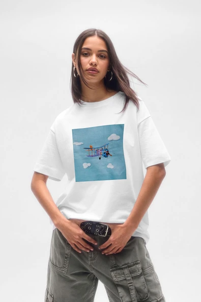Kadın Bisiklet Yaka %100 Pamuk Helikopter Baskılı Kısa Kollu T-Shirt ürün görseli 1