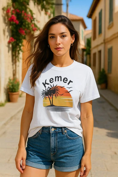 Kadın Bisiklet Yaka %100 Pamuk Kemer Baskılı Kısa Kollu T-Shirt ürün görseli 1
