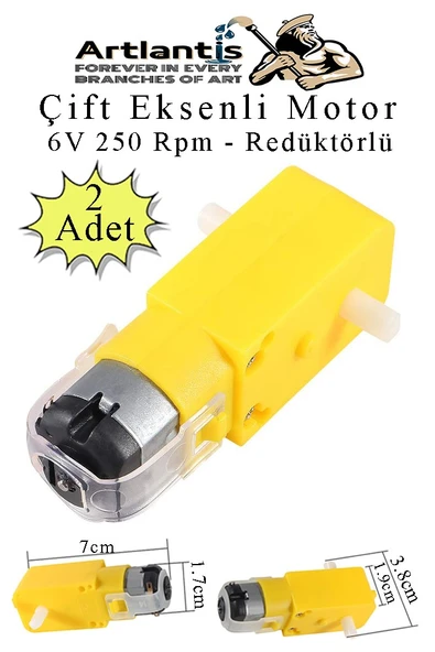 Çift Eksenli Motor Redüktörlü 6V 250 Rpm 2 Adet Sarı Dc Motor Arduino Robotik Motor Deney Okul Bilim Araba Yapım ürün görseli 1
