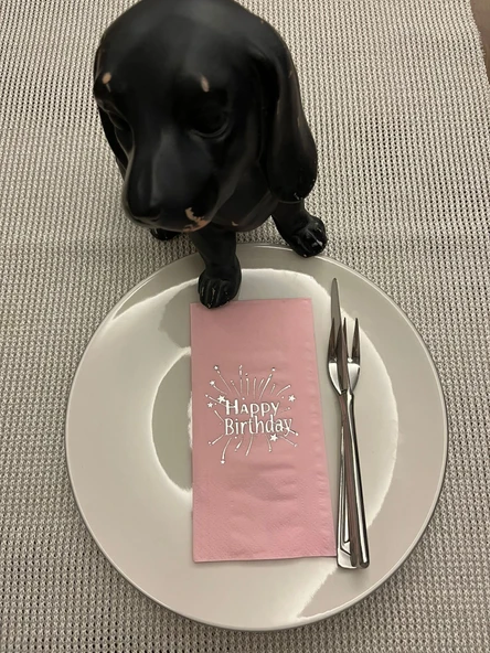 Gümüş Yaldızlı Pembe Happy Bırthday Garson Katlama Peçete 16 Adet ürün görseli 1
