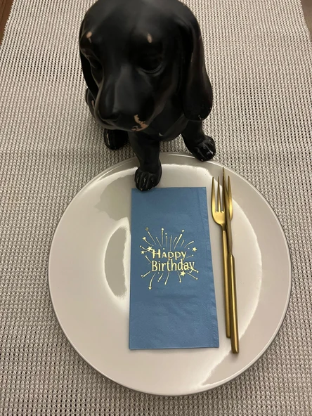Gold Yaldızlı Mavi Happy Bırthday Garson Katlama Peçete 16 Adet ürün görseli 1