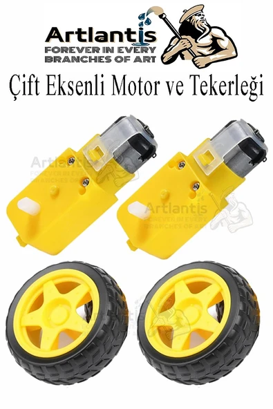 Çift Eksenli Motor 2 Adet ve Tekerlek 2 Adet Sarı Dc Motor Arduino Robotik Motor Tekerlek Deney Okul Bilim Araba Yapım ürün görseli 1