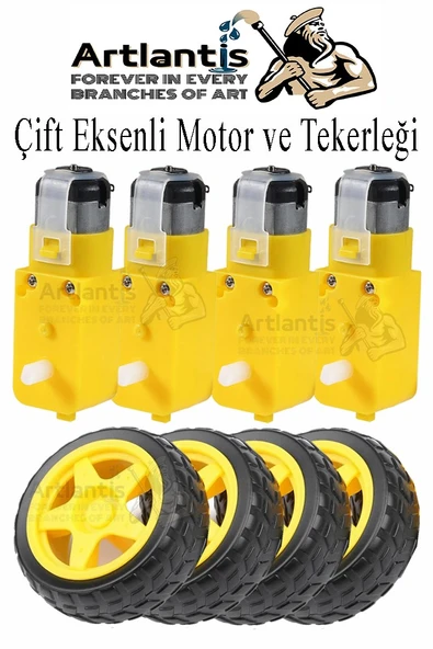 Çift Eksenli Motor 4 Adet ve Tekerlek 4 Adet Sarı Dc Motor Arduino Robotik Motor Tekerlek Deney Okul Bilim Araba Yapım ürün görseli 1
