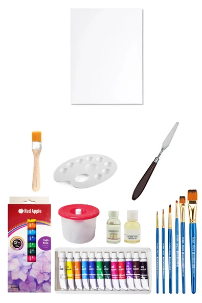 Red Apple Tüp Yağlı Boya Seti 12 ml 12'li 25x35 Tuval Seti Metal Spatül Zemin Fırça Resim Paleti ürün görseli 1