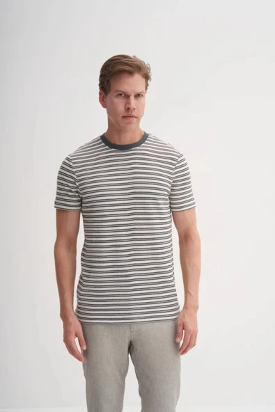 Cazador Bisiklet Yaka Slim Fit Jakarlı Çizgi Desenli Tişört ürün görseli 1