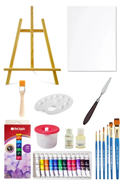Masaüstü Şövale Seti 60 Cm Red Apple Tüp Yağlı Boya Seti 12 ml 12li 35x50 Tuval Seti Metal Spatül ürün görseli 1
