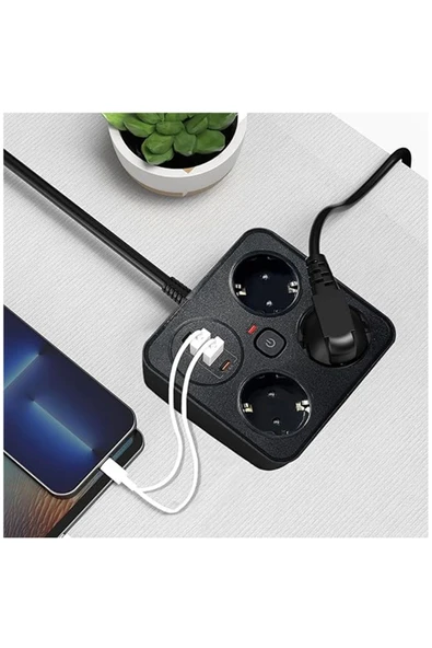 Akım Korumalı Anahtarlı Priz - 3X Priz - 2X Usb - 2X Type-C - 2 mt Kablo Hızlı Şarj Özellikli Siyah ürün görseli 1
