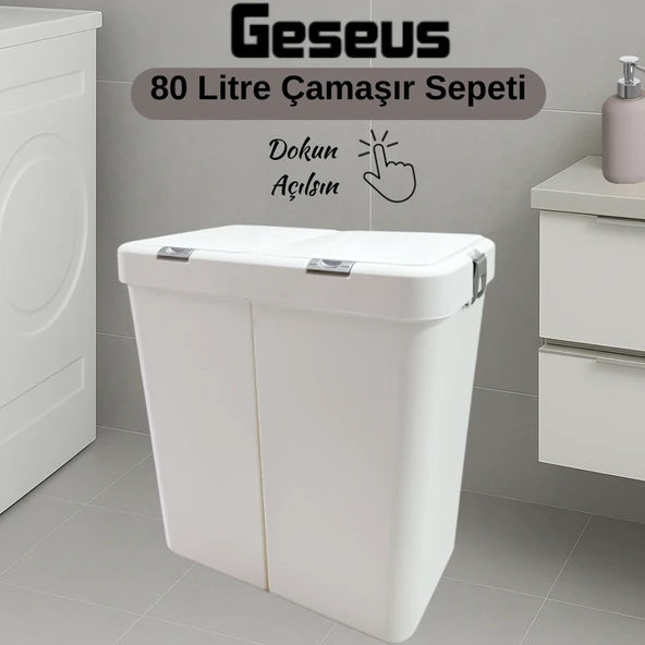 Gümüş Ikili Dokunmatik Çamaşır Sepeti Çöp Kovası Temizlik Kovası Kirli Sepet 80 Litre-MT009 ürün görseli 1