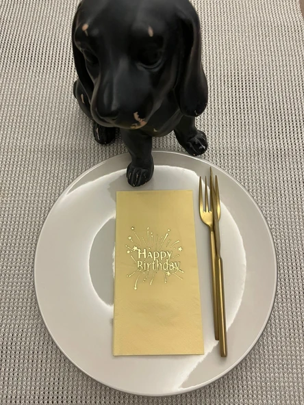 Gold Yaldızlı Sarı Happy Bırthday Garson Katlama Peçete 16 Adet ürün görseli 1