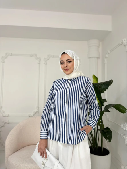 YAKASI BONCUKLU ÇİZGİLİ GÖMLEK - Resim 4