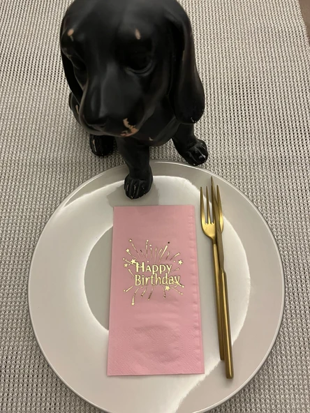 Gold Yaldızlı Pembe Happy Bırthday Garson Katlama Peçete 16 Adet ürün görseli 1