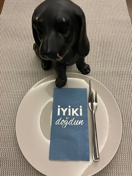 Gümüş Yaldızlı Mavi İyi Ki Doğdun Baskılı Garson Katlama Peçete 16 Adet ürün görseli 1
