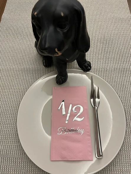 Gümüş Yaldızlı Pembe Yarım Yaş Bırthday Garson Katlama Peçete 16 lı ürün görseli 1