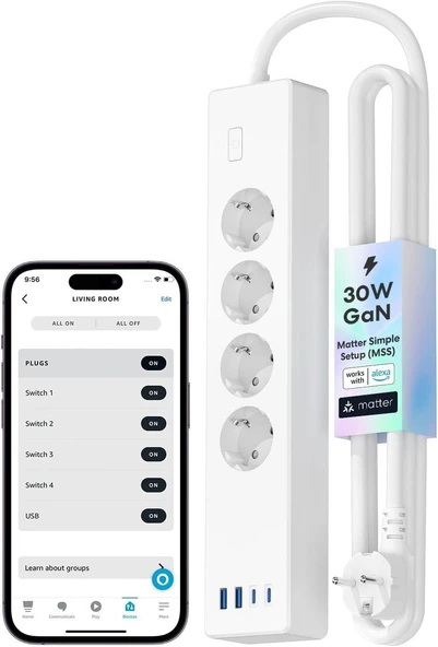 Meross Akıllı 4'lü Priz 30W 2TypeC + 2Us ürün görseli 1