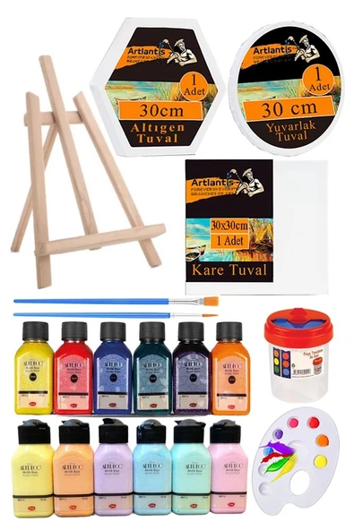 Kare Yuvarlak ve Altıgen Tuval 30 cm 12 Renk 75 ml Akrilik Boya Şövale 1 Paket 30x30 cm Arkadan Zımbalı Astarlı Resim ürün görseli 1