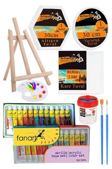 Kare Yuvarlak ve Altıgen Tuval 30 cm Fanart 12 Renk 12 ml Tüp Akrilik Boya Şövale 1 Paket Arkadan Zımbalı 30x30 cm Tuval ürün görseli 1