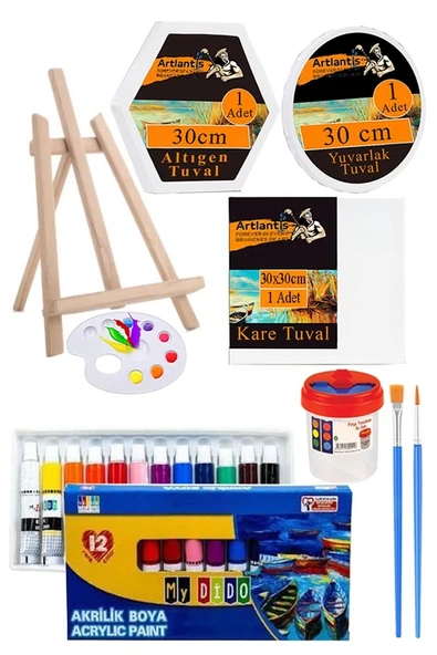 Kare Yuvarlak ve Altıgen Tuval 30 cm Mydido 12 Renk 12 ml Tüp Akrilik Boya Şövale 1 Paket Arkadan Zımbalı 30x30 cm Tuval ürün görseli 1