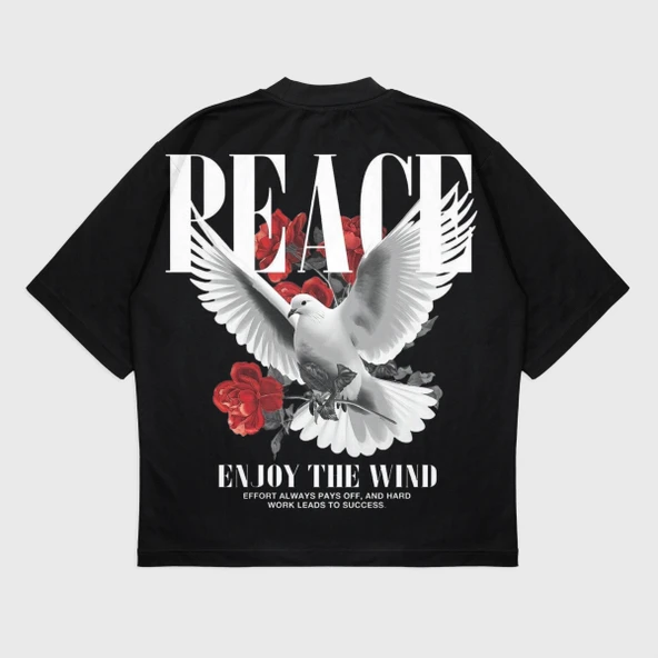 Oversize 'Peace' Baskılı Bisiklet Yaka T-Shırt ürün görseli 1