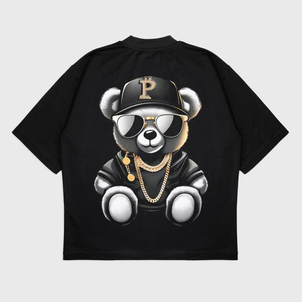 Oversize 'Gang Bear' Baskılı Bisiklet Yaka T-Shırt ürün görseli 1