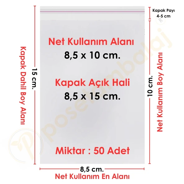 8,5x10+5 cm.(8,5x15) 50 Adet Şeffaf Bantlı Yapışkanlı OPP Poşet ürün görseli 1