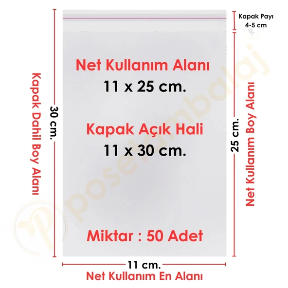11x25+5 cm.(11x30) 50 Adet Şeffaf Bantlı Yapışkanlı OPP Poşet ürün görseli 1