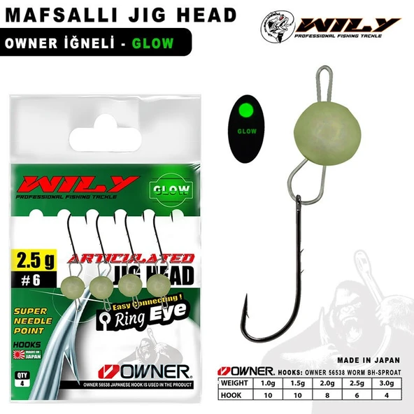 Wily Mafsallı Jig Head 4 Adet Owner İğneli - Glow  1.5 gr - 10 No ürün görseli 1