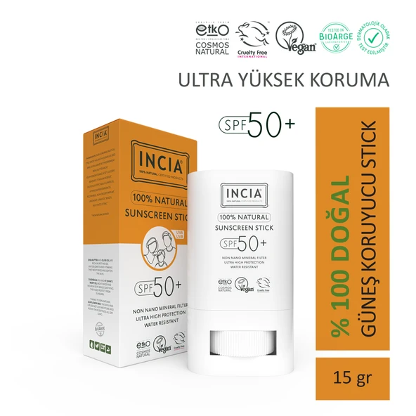 INCIA 100% Doğal Güneş Koruyucu Sun Stick Mineral Filtreli Hassas Cilt Bitkisel UVA UVB SPF50+ 15 gr ürün görseli 1