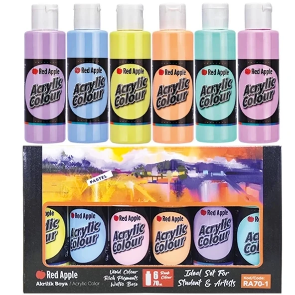 Red Apple 6 x 70 ml Akrilik Boya Pastel Renkler Set 6 Pastel Renk Akrilik Boya Seti ürün görseli 1