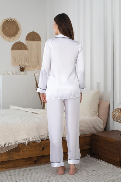 Beyaz Saten Pijama Takımı - Resim 3
